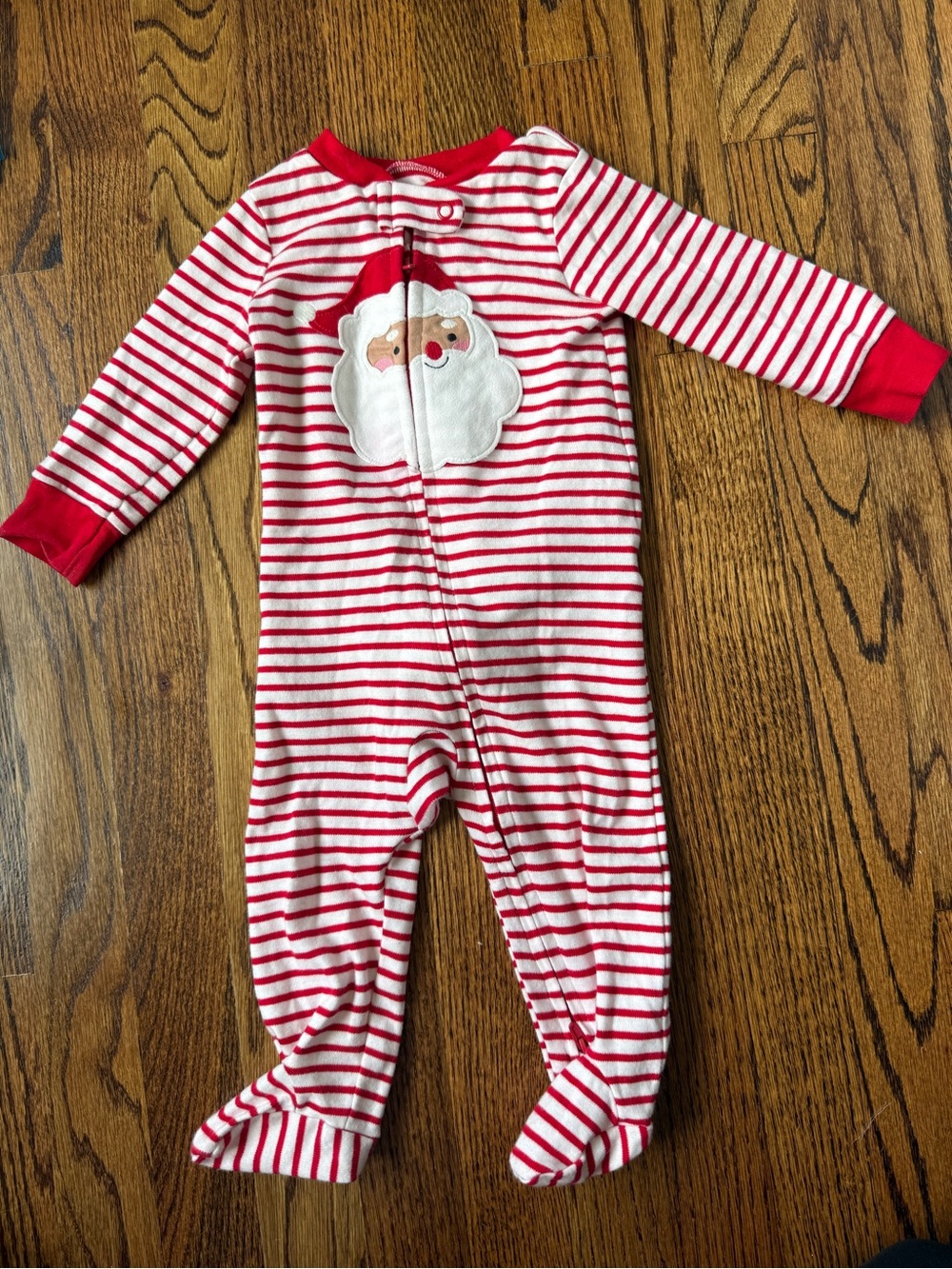 Red & White Striped Kids One-Piece Pajama with Santa Applique